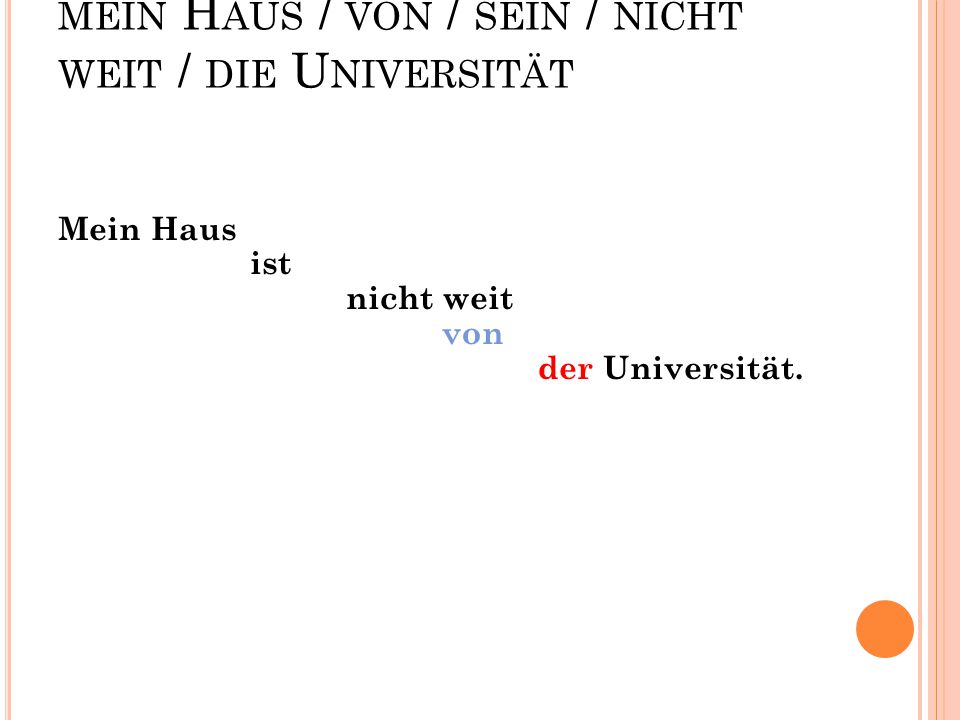 mein Haus / von / sein / nicht weit / die Universität