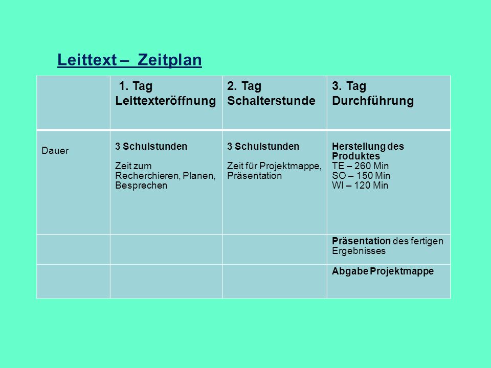 Leittext – Zeitplan 1. Tag Leittexteröffnung 2. Tag Schalterstunde