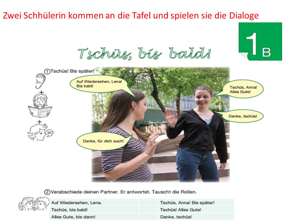 Zwei Schhülerin kommen an die Tafel und spielen sie die Dialoge