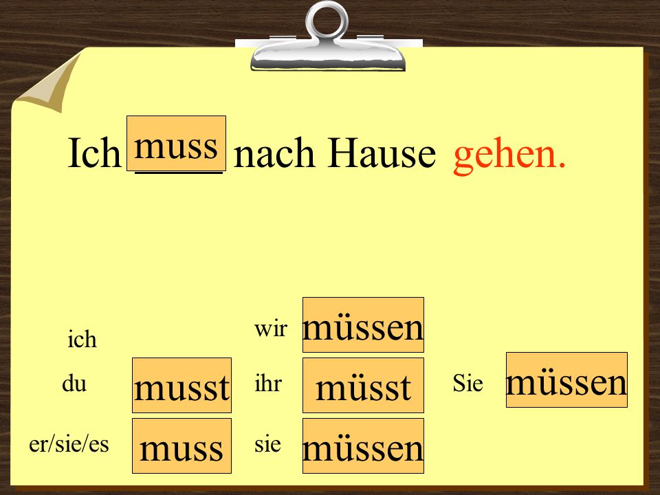 Ich nach Hause gehen. muss müssen müssen musst müsst muss müssen wir