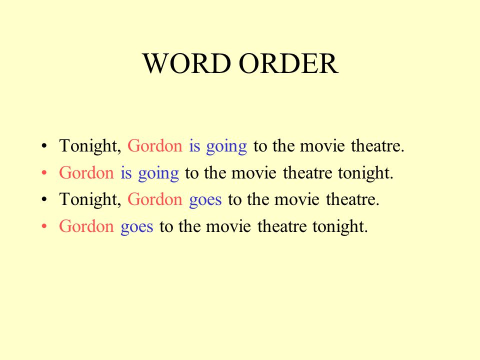 WORD ORDER Tonight, Gordon is going to the movie theatre.