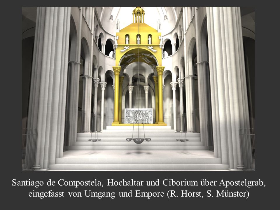 Santiago de Compostela, Hochaltar und Ciborium über Apostelgrab, eingefasst von Umgang und Empore (R.