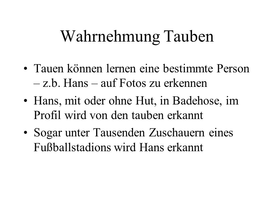 Wahrnehmung Tauben Tauen können lernen eine bestimmte Person – z.b. Hans – auf Fotos zu erkennen.