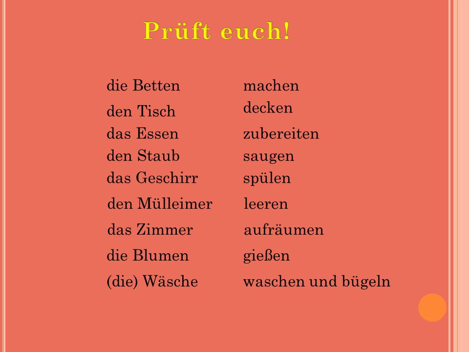 Prüft euch! die Betten machen decken den Tisch das Essen zubereiten