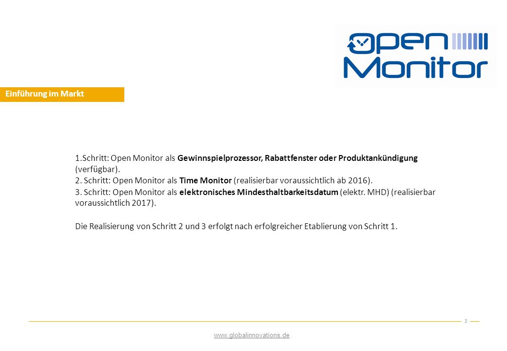 Einführung im Markt 1.Schritt: Open Monitor als Gewinnspielprozessor, Rabattfenster oder Produktankündigung (verfügbar).