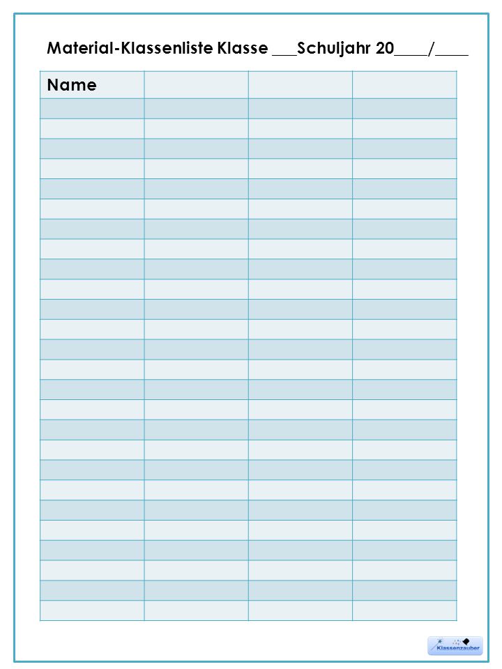 Material-Klassenliste Klasse ___Schuljahr 20____/____