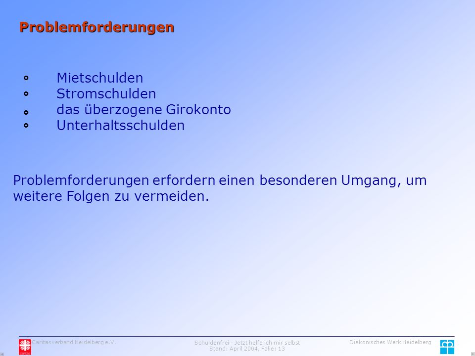 Schuldenfrei - Jetzt helfe ich mir selbst Stand: April 2004, Folie: 13