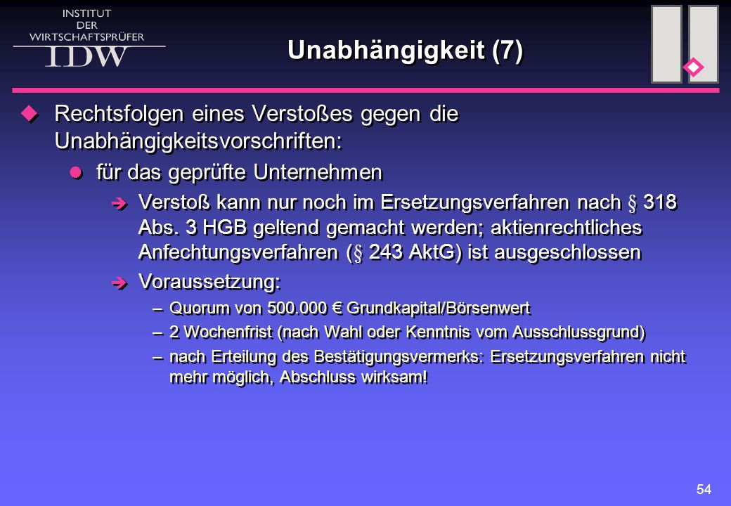 Unabhängigkeit (7) Rechtsfolgen eines Verstoßes gegen die Unabhängigkeitsvorschriften: für das geprüfte Unternehmen.