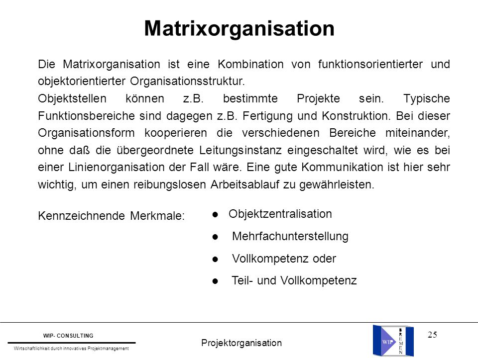 Matrixorganisation Die Matrixorganisation ist eine Kombination von funktionsorientierter und objektorientierter Organisationsstruktur.
