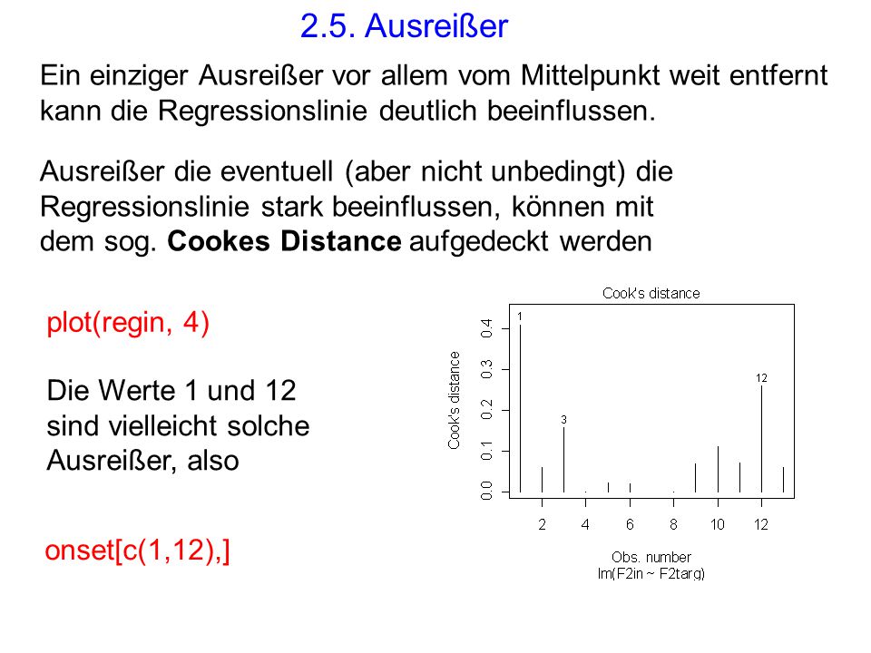 2.5. Ausreißer Ein einziger Ausreißer vor allem vom Mittelpunkt weit entfernt kann die Regressionslinie deutlich beeinflussen.