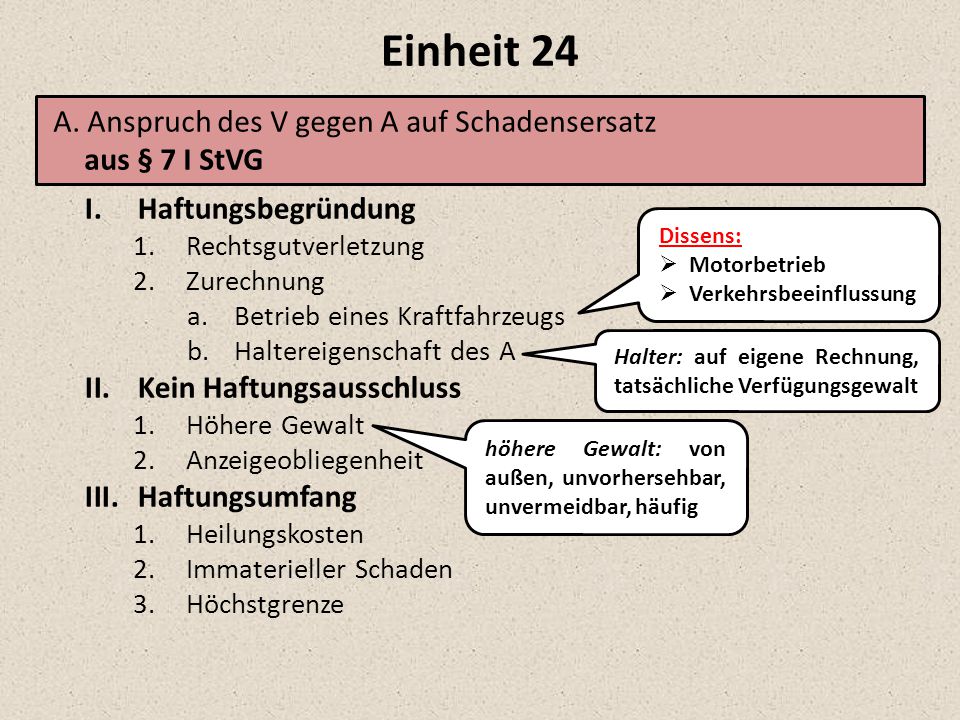 Einheit 24 A. Anspruch des V gegen A auf Schadensersatz aus § 7 I StVG