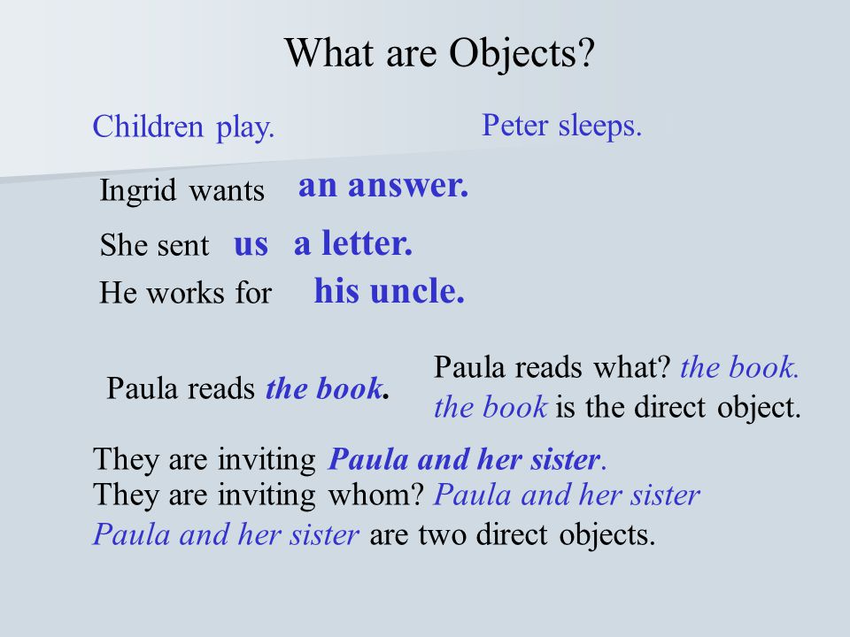 What are Objects us a letter. his uncle. Children play. Peter sleeps.