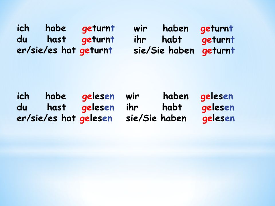 ich habe geturnt du hast geturnt. er/sie/es hat geturnt. wir haben geturnt. ihr habt geturnt.