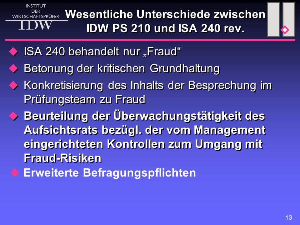 Wesentliche Unterschiede zwischen IDW PS 210 und ISA 240 rev.