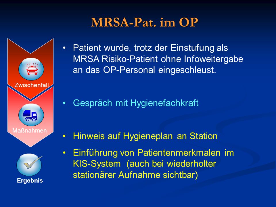 MRSA-Pat. im OP Patient wurde, trotz der Einstufung als MRSA Risiko-Patient ohne Infoweitergabe an das OP-Personal eingeschleust.