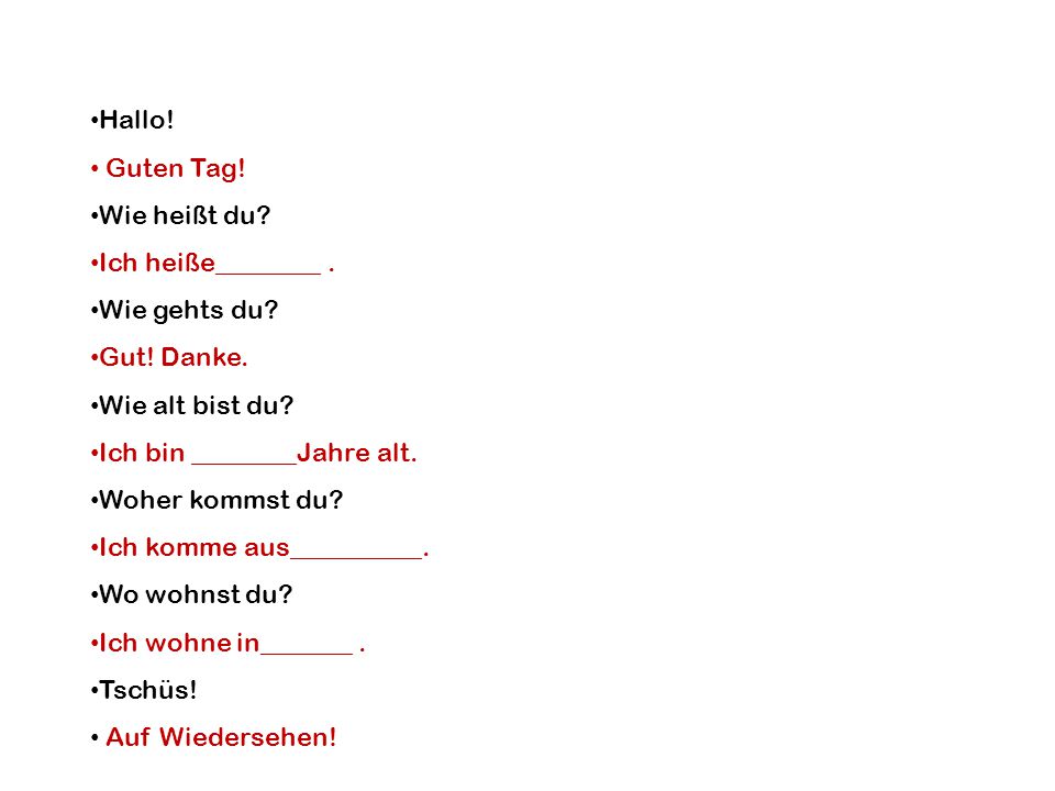 Hallo! Guten Tag! Wie heißt du Ich heiße________ . Wie gehts du Gut! Danke. Wie alt bist du