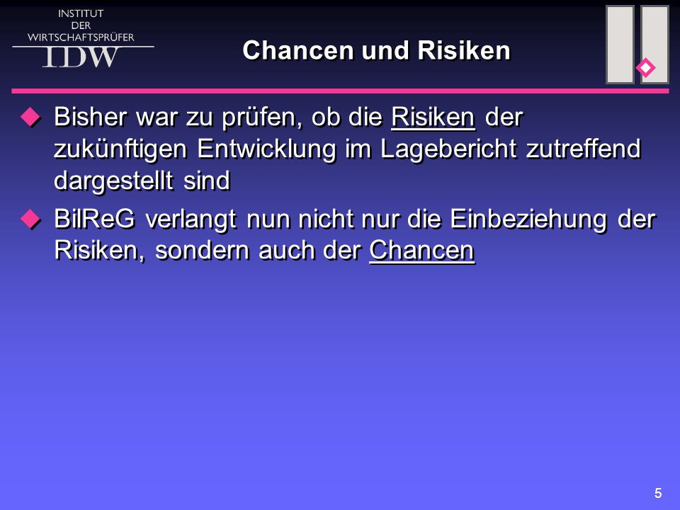 Chancen und Risiken Bisher war zu prüfen, ob die Risiken der zukünftigen Entwicklung im Lagebericht zutreffend dargestellt sind.