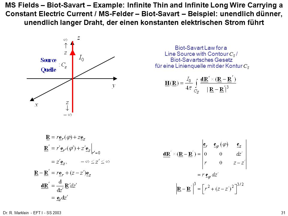MS Fields – Biot-Savart – Example: Infinite Thin and Infinite Long Wire Carrying a Constant Electric Current / MS-Felder – Biot-Savart – Beispiel: unendlich dünner, unendlich langer Draht, der einen konstanten elektrischen Strom führt