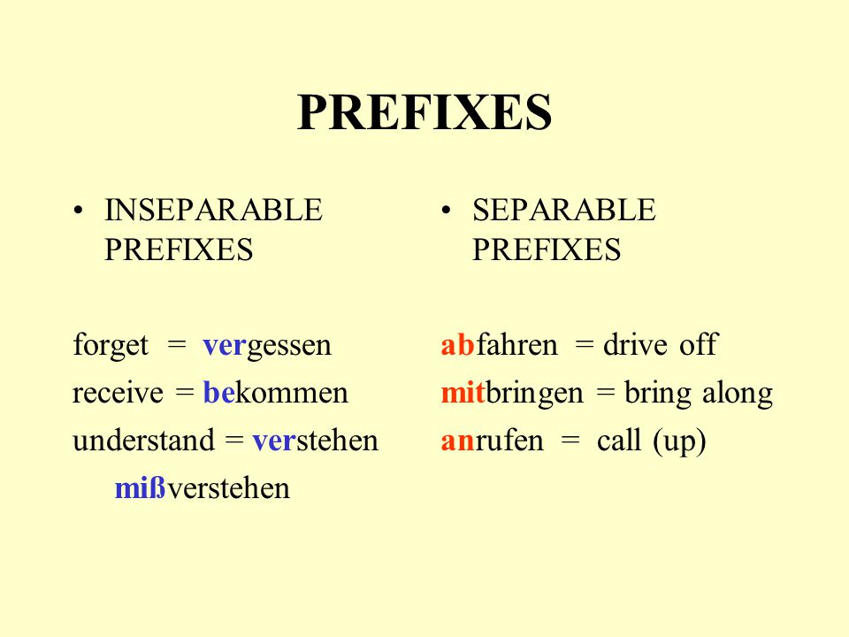 PREFIXES INSEPARABLE PREFIXES forget = vergessen receive = bekommen