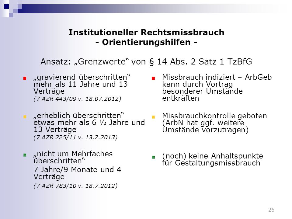 Institutioneller Rechtsmissbrauch - Orientierungshilfen - Ansatz: „Grenzwerte von § 14 Abs. 2 Satz 1 TzBfG