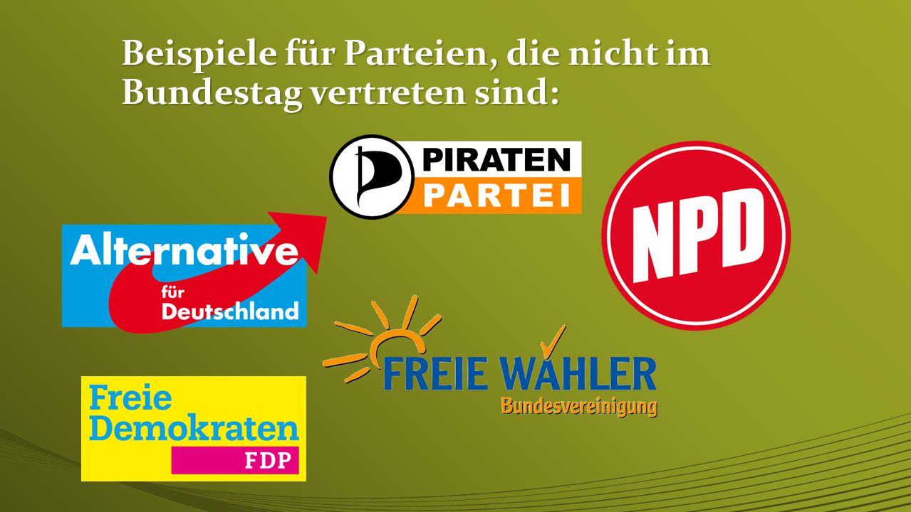 Beispiele für Parteien, die nicht im Bundestag vertreten sind: