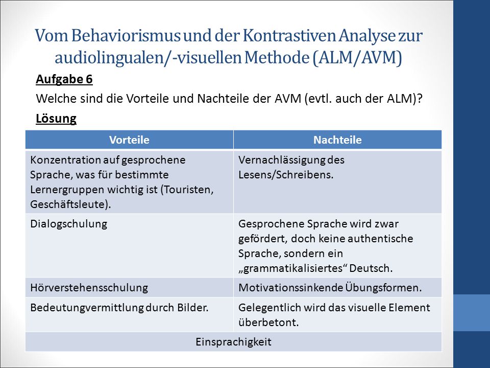 Vom Behaviorismus und der Kontrastiven Analyse zur audiolingualen/-visuellen Methode (ALM/AVM)