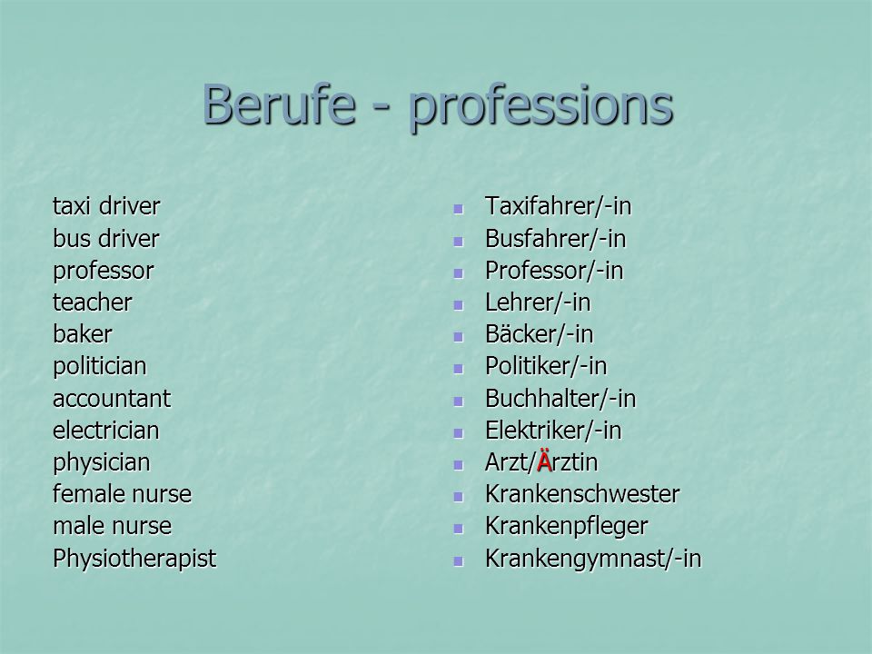 Berufe - professions taxi driver bus driver professor teacher baker
