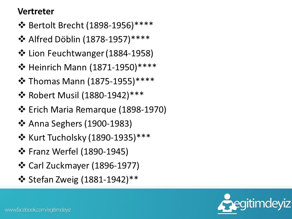 Vertreter Bertolt Brecht ( )**** Alfred Döblin ( )**** Lion Feuchtwanger ( )
