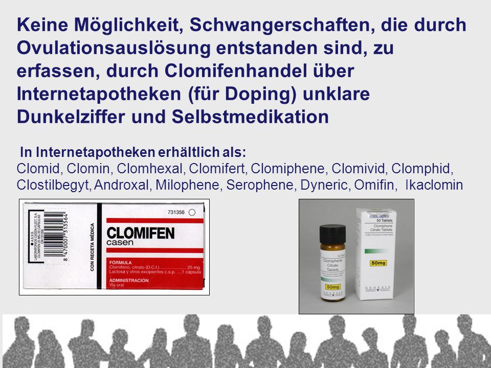 Keine Möglichkeit, Schwangerschaften, die durch Ovulationsauslösung entstanden sind, zu erfassen, durch Clomifenhandel über Internetapotheken (für Doping) unklare Dunkelziffer und Selbstmedikation