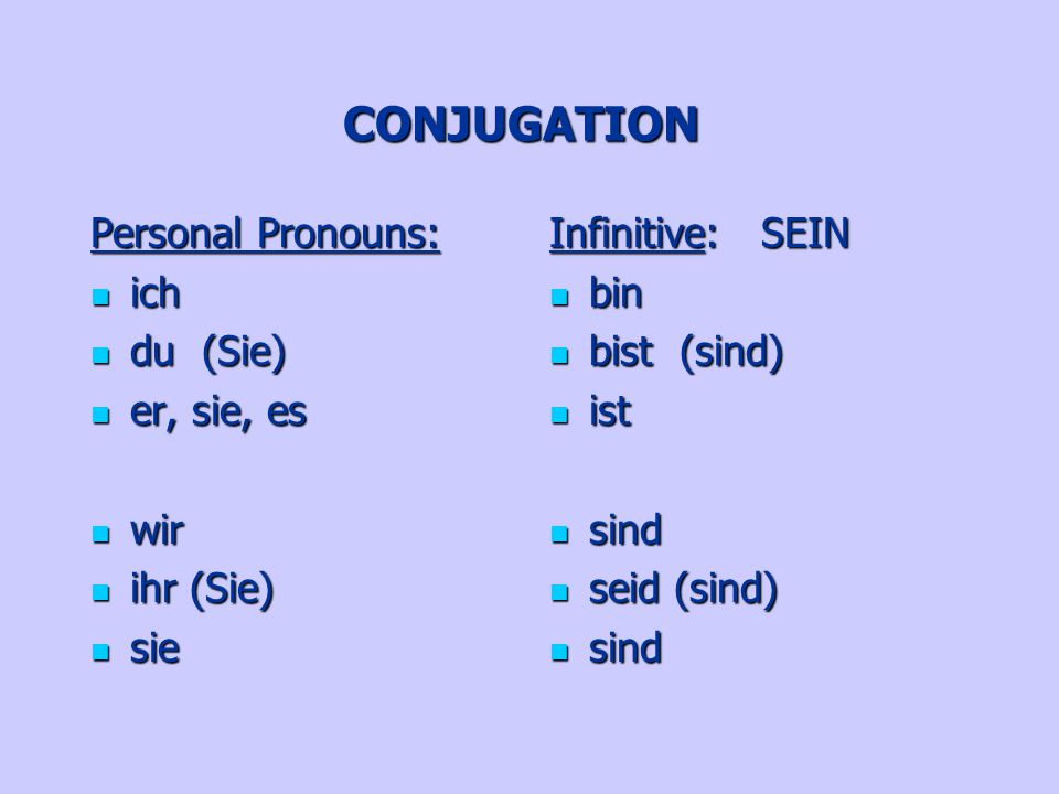 CONJUGATION Personal Pronouns: ich du (Sie) er, sie, es wir 