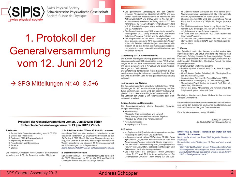 1. Protokoll der Generalversammlung vom 12. Juni 2012