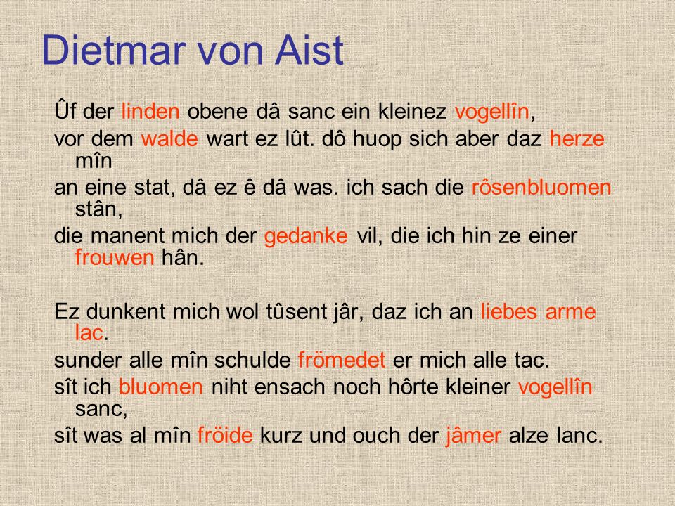 Dietmar von Aist Ûf der linden obene dâ sanc ein kleinez vogellîn,