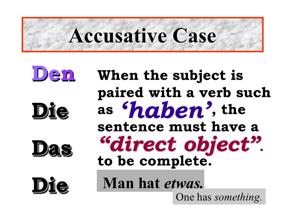 ‘haben’ Accusative Case Den Die Das direct object . Man hat etwas.