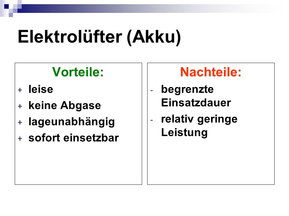 Elektrolüfter (Akku) Vorteile: Nachteile: leise keine Abgase