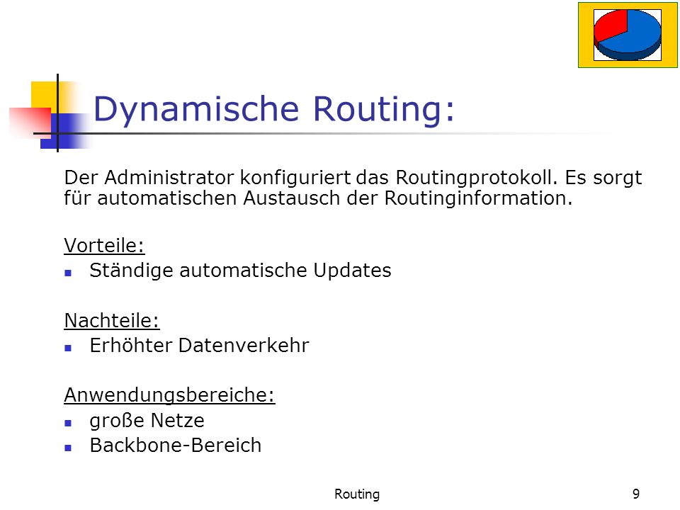 Dynamische Routing: Der Administrator konfiguriert das Routingprotokoll. Es sorgt für automatischen Austausch der Routinginformation.