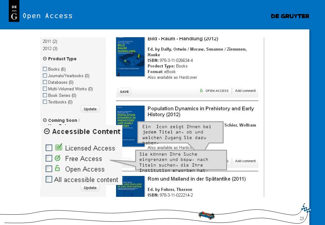 Open Access Ein Icon zeigt Ihnen bei jedem Titel an, ob und welchen Zugang Sie dazu haben.