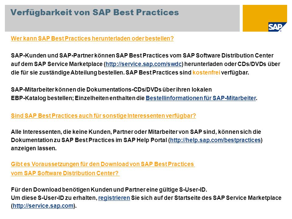 Verfügbarkeit von SAP Best Practices