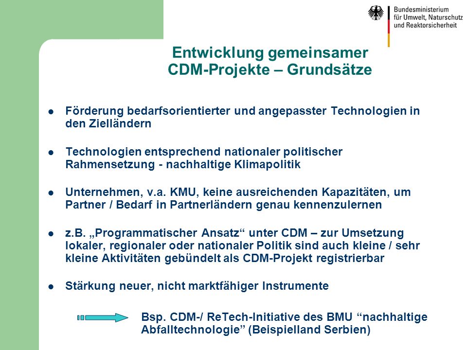 Entwicklung gemeinsamer CDM-Projekte – Grundsätze