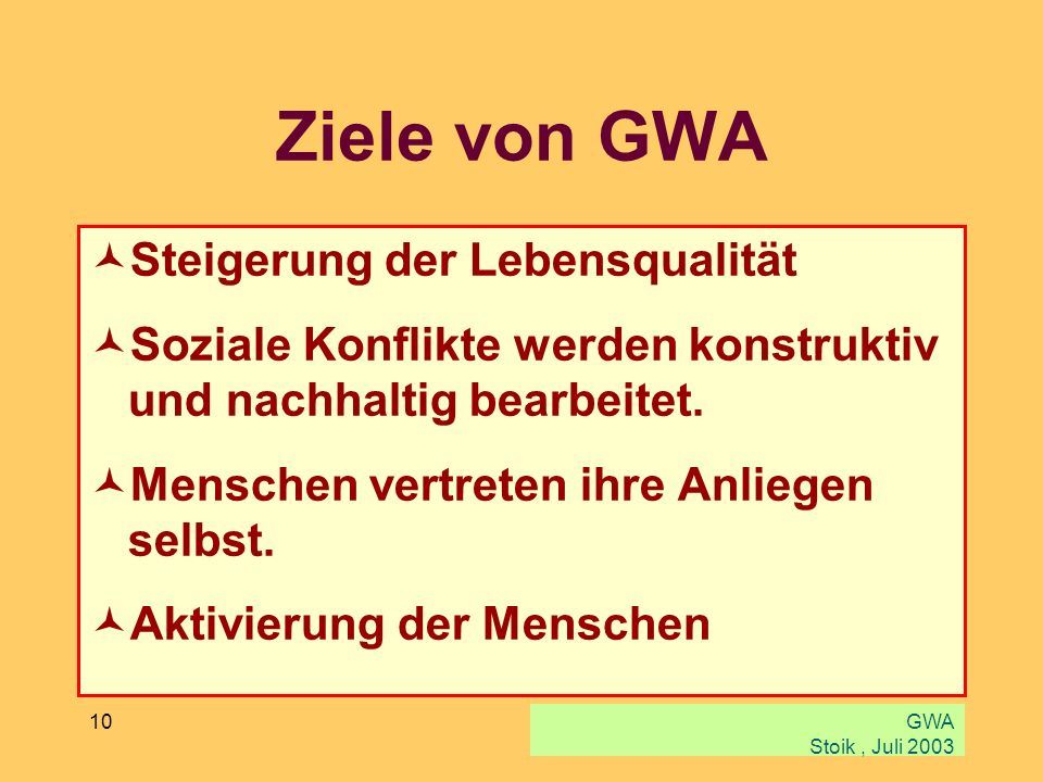 Ziele von GWA Steigerung der Lebensqualität