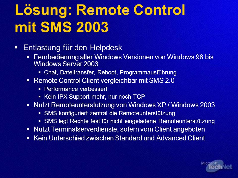 Lösung: Remote Control mit SMS 2003