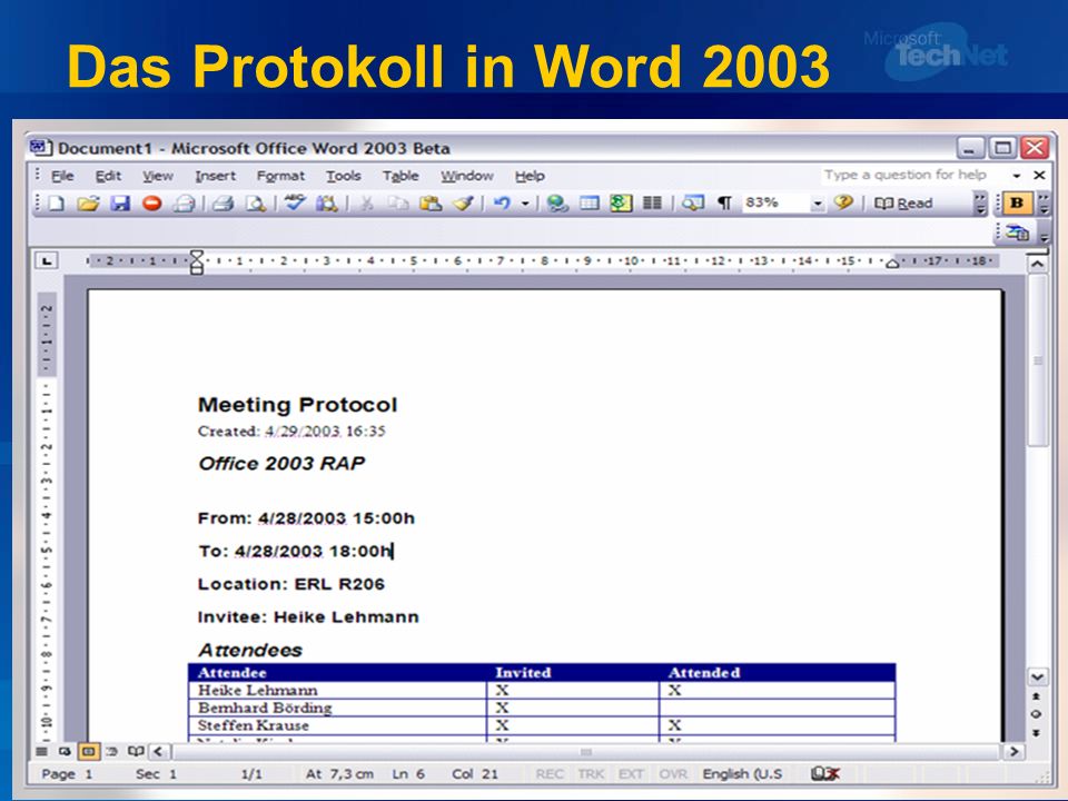 Das Protokoll in Word 2003
