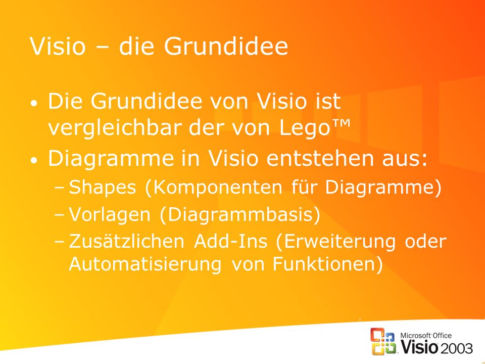Visio – die Grundidee Die Grundidee von Visio ist vergleichbar der von Lego™ Diagramme in Visio entstehen aus: