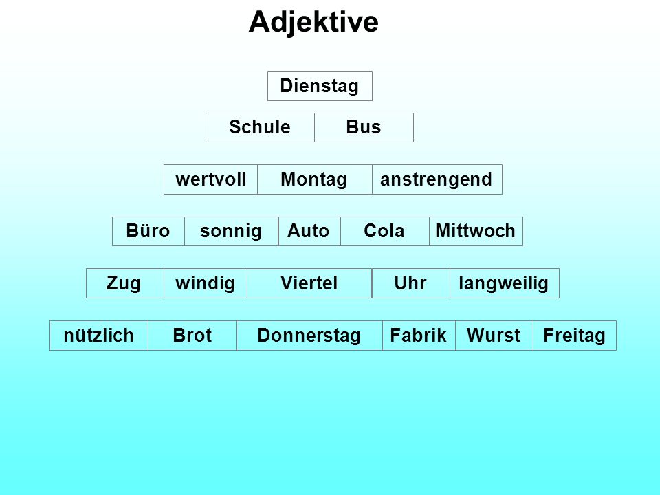Adjektive Dienstag Schule Bus wertvoll Montag anstrengend Büro sonnig