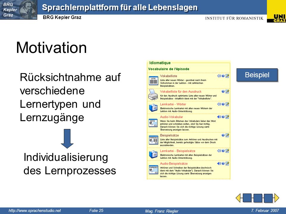 Motivation Rücksichtnahme auf verschiedene Lernertypen und Lernzugänge