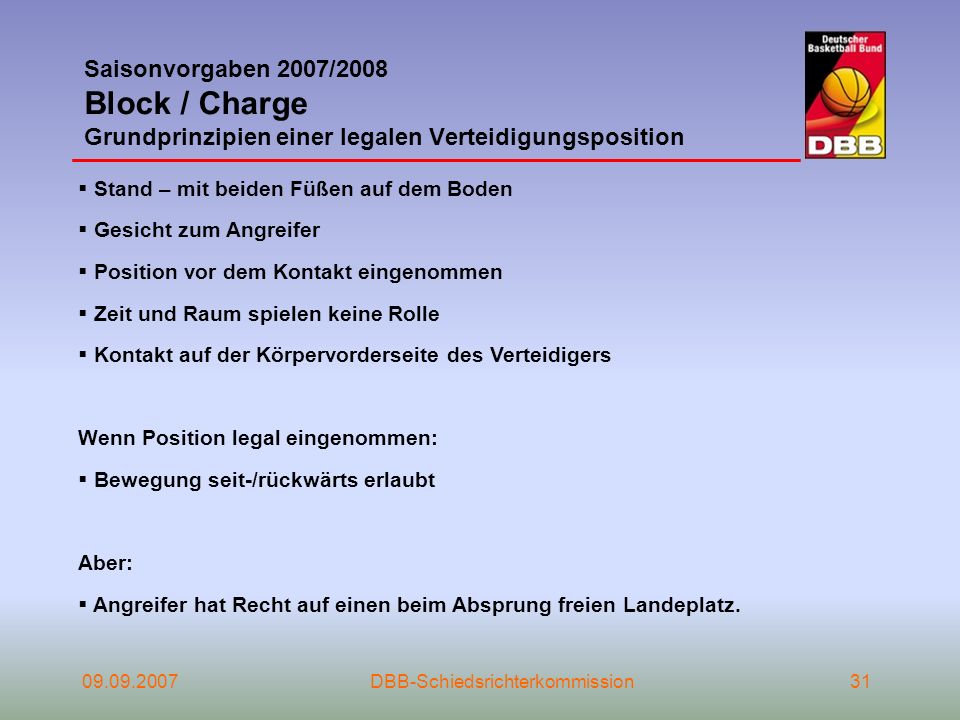 Saisonvorgaben 2007/2008 Block / Charge Grundprinzipien einer legalen Verteidigungsposition