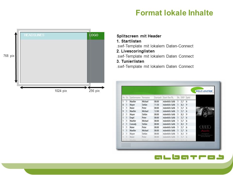 Format lokale Inhalte Splitscreen mit Header 1. Startlisten