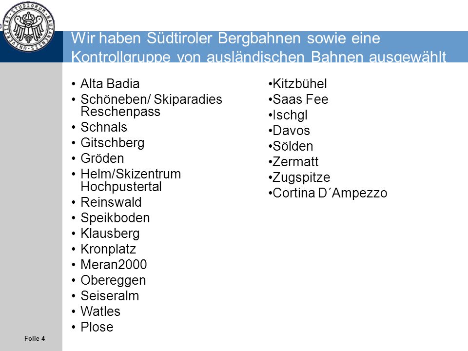 Wir haben Südtiroler Bergbahnen sowie eine Kontrollgruppe von ausländischen Bahnen ausgewählt