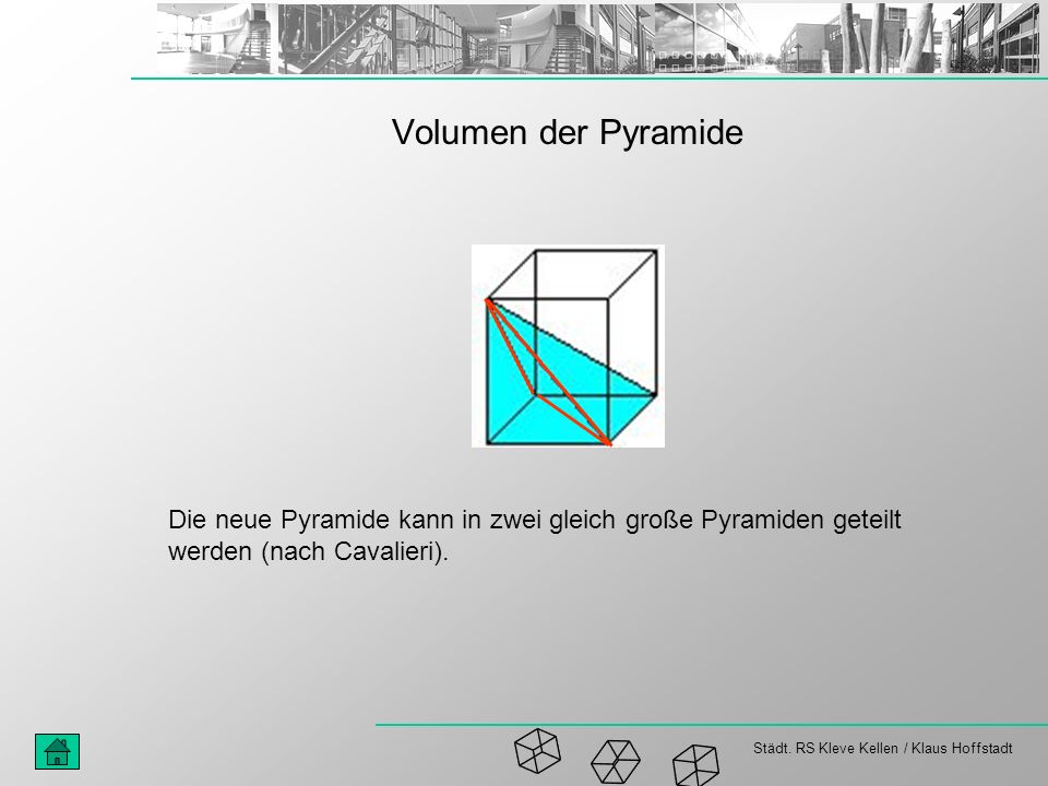 Volumen der Pyramide Die neue Pyramide kann in zwei gleich große Pyramiden geteilt werden (nach Cavalieri).