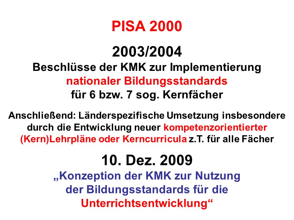 PISA /2004 Beschlüsse der KMK zur Implementierung nationaler Bildungsstandards für 6 bzw. 7 sog. Kernfächer.