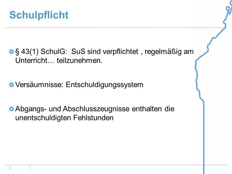 Schulpflicht § 43(1) SchulG: SuS sind verpflichtet , regelmäßig am Unterricht… teilzunehmen. Versäumnisse: Entschuldigungssystem.
